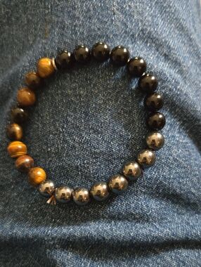 Men's Black and Brown Beaded Bracelet - Polished Stone and Hematite Beads